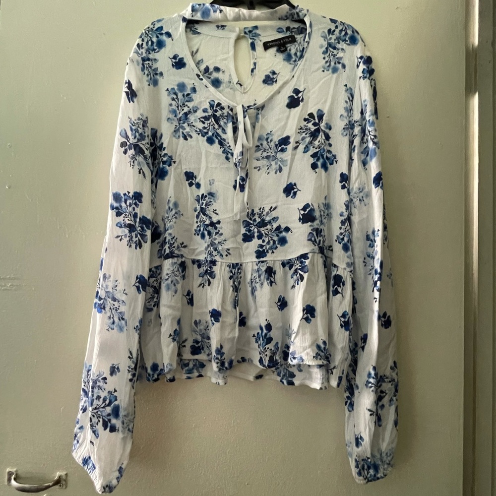 V Neck Choker Floral Long Sleeve Blouse